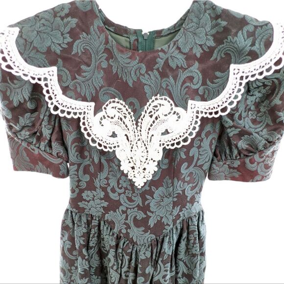 Jessica McClintock vintage dress deep green brocade and lace size 8 - Picture 5 of 11
